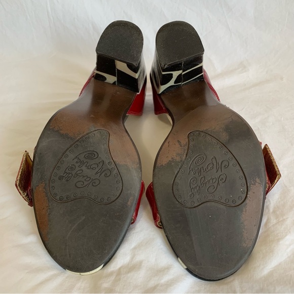 Naughty Monkey red patent and cow print asymmetric heels open toes buckle strap - Picture 7 of 16